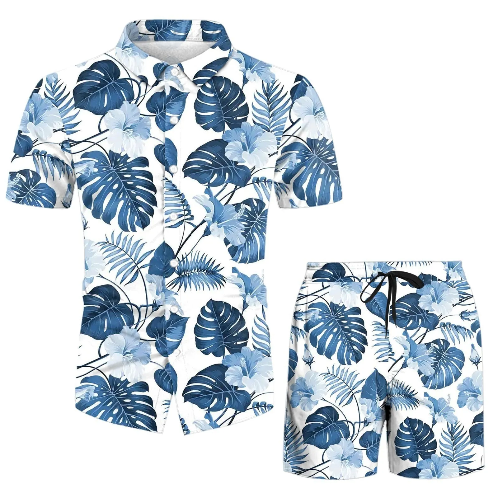 Men's casual digital print short sleeve suit with matching trousers on a hanger