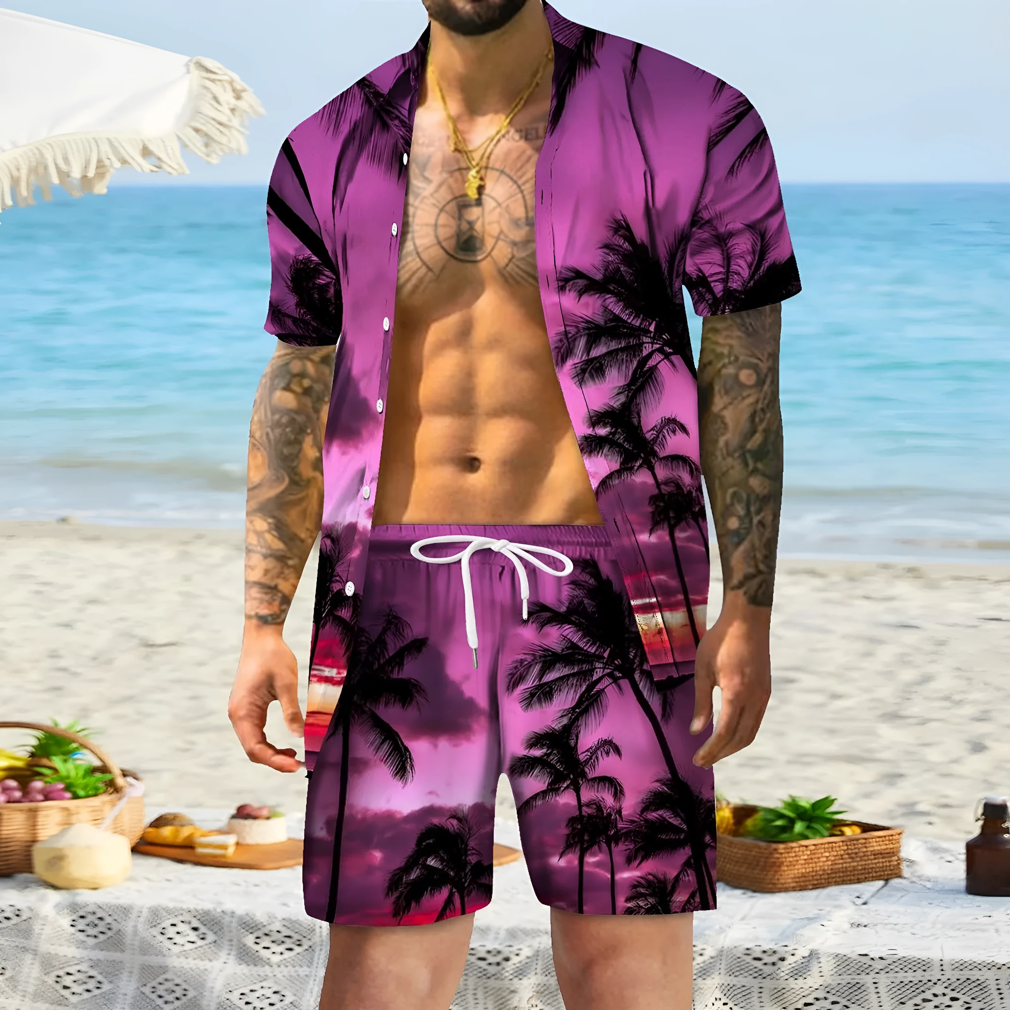 Men's casual digital print short sleeve suit with matching trousers on a hanger