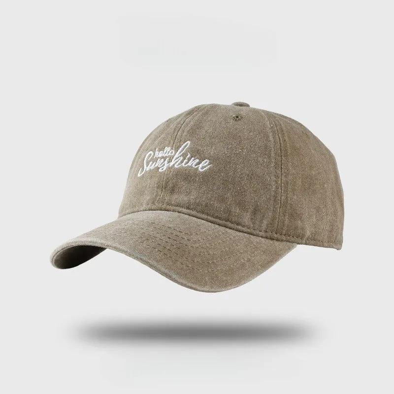 Cotton blend sun protection peaked cap in khaki with embroidered English letters, size M 56-58cm