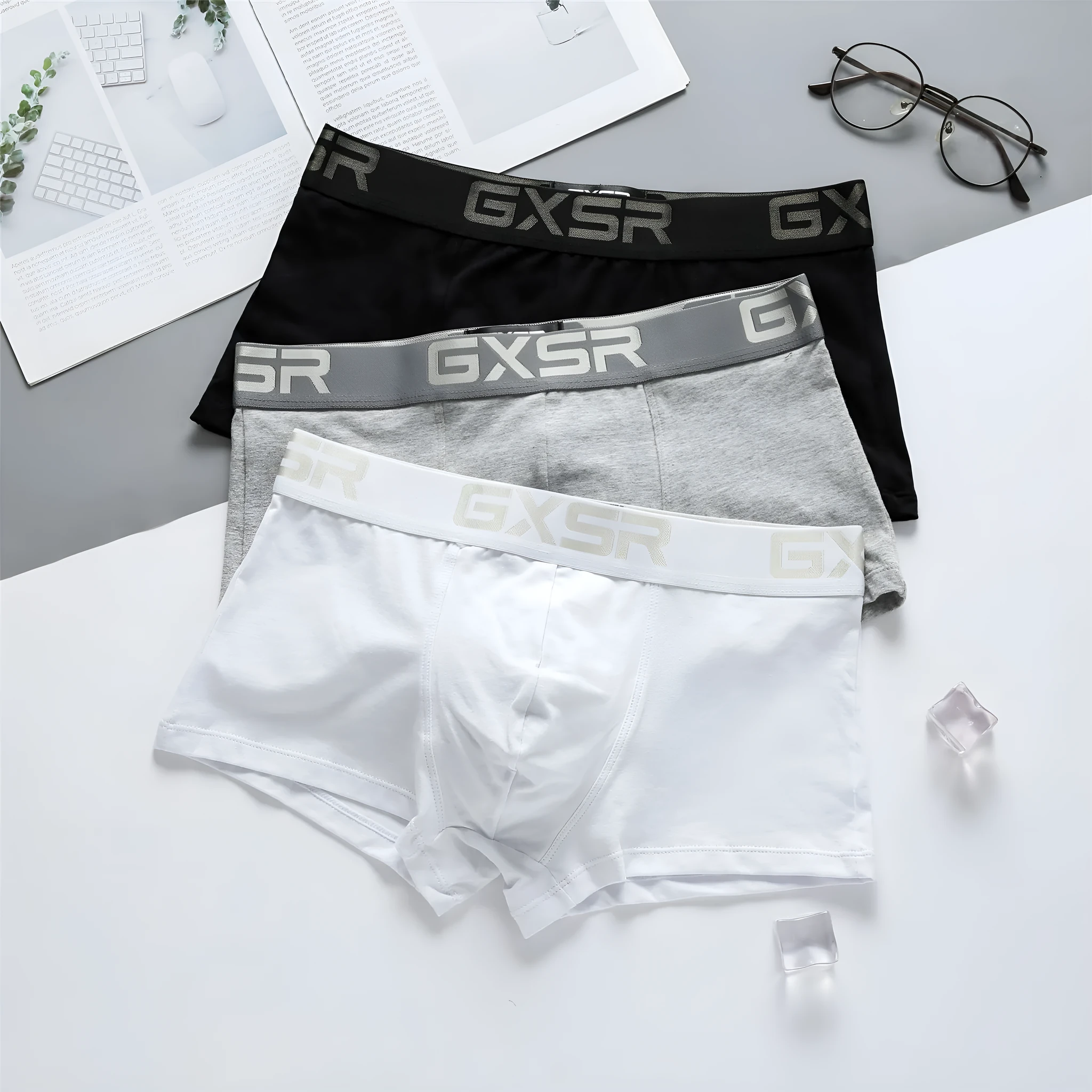 Men's purified cotton low waist boxers in solid colour, knitted fabric, black/white/gray options, sizes M-XXL