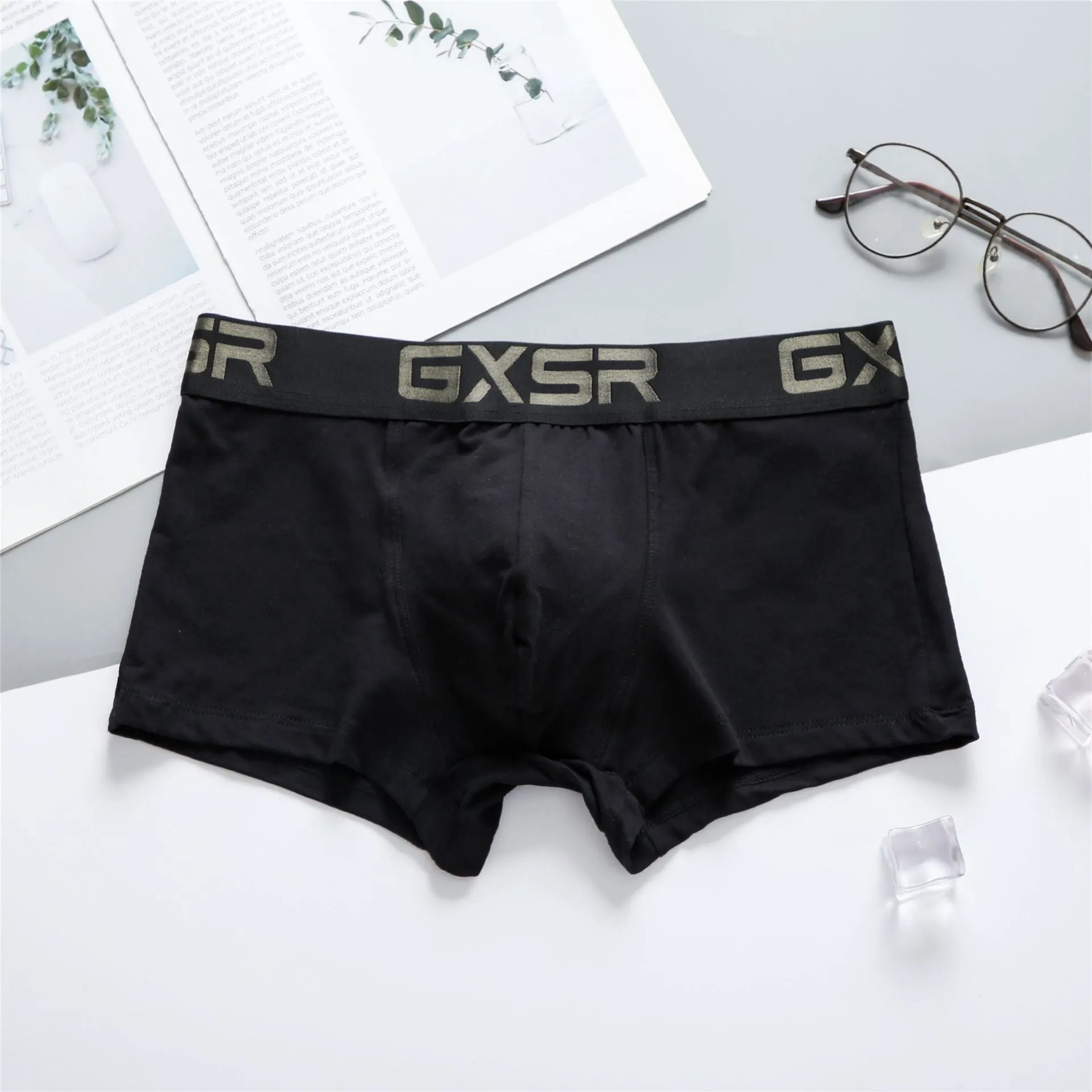 Men's purified cotton low waist boxers in solid colour, knitted fabric, black/white/gray options, sizes M-XXL