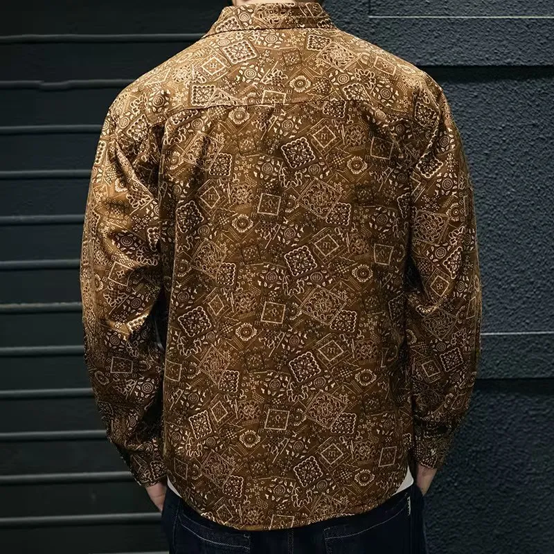 Men's casual denim print shirt in navy blue with long sleeves and lapel collar in polyester fabric