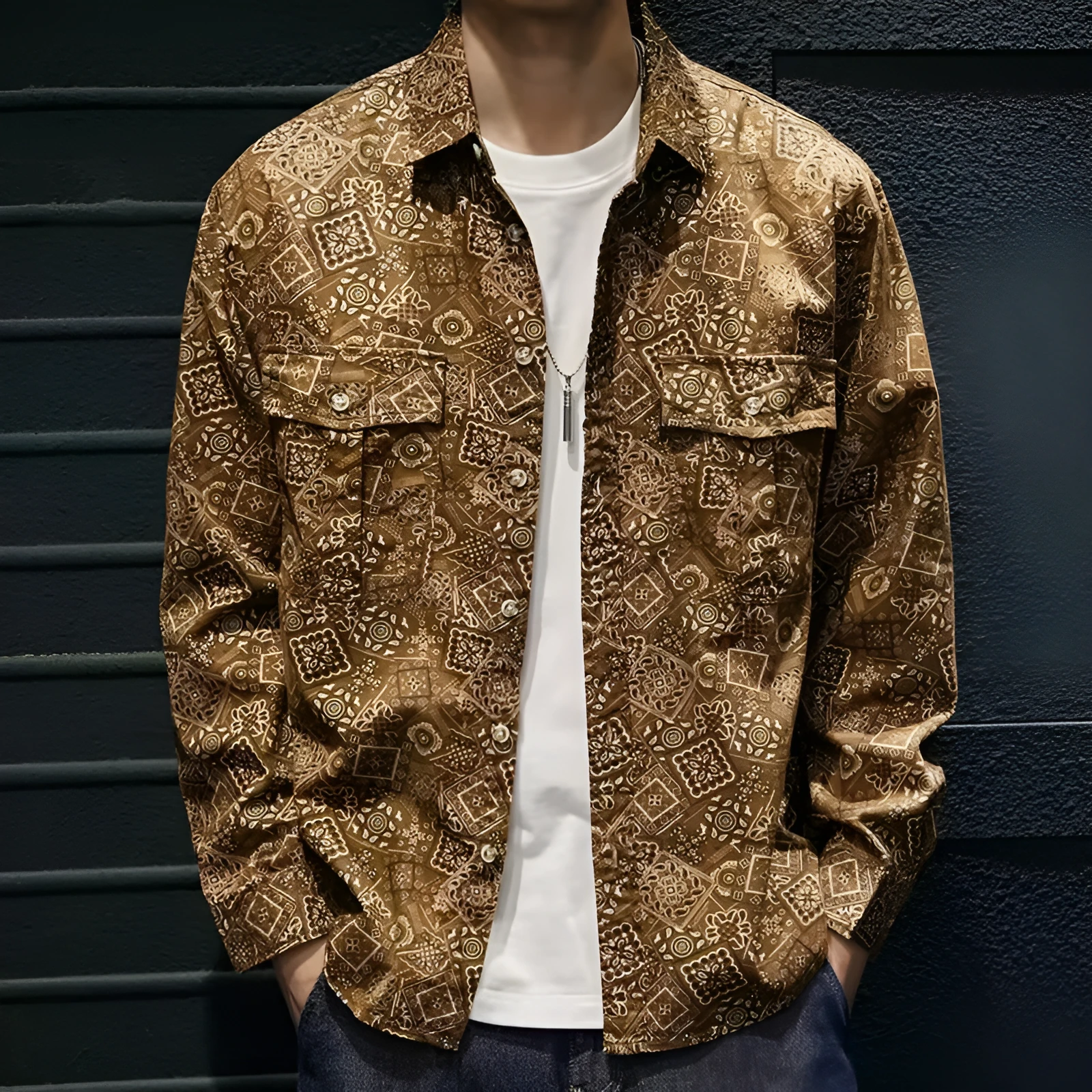 Men's casual denim print shirt in navy blue with long sleeves and lapel collar in polyester fabric