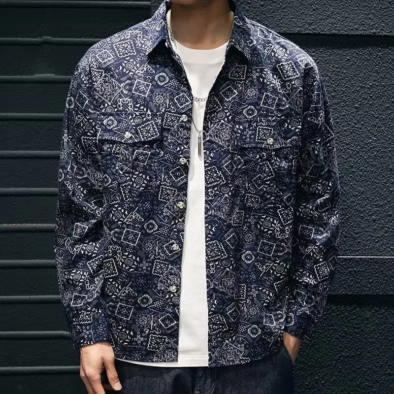 Men's casual denim print shirt in navy blue with long sleeves and lapel collar in polyester fabric