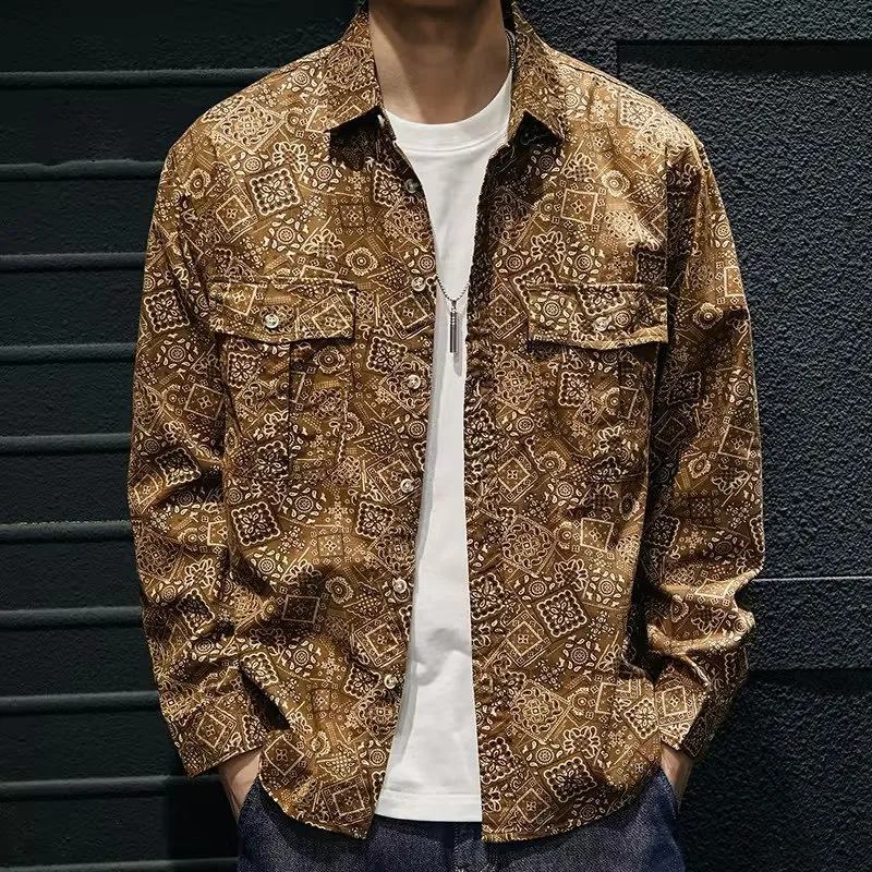 Men's casual denim print shirt in navy blue with long sleeves and lapel collar in polyester fabric