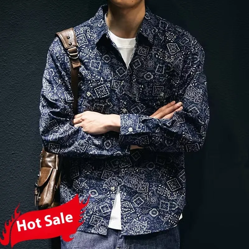 Men's casual denim print shirt in navy blue with long sleeves and lapel collar in polyester fabric