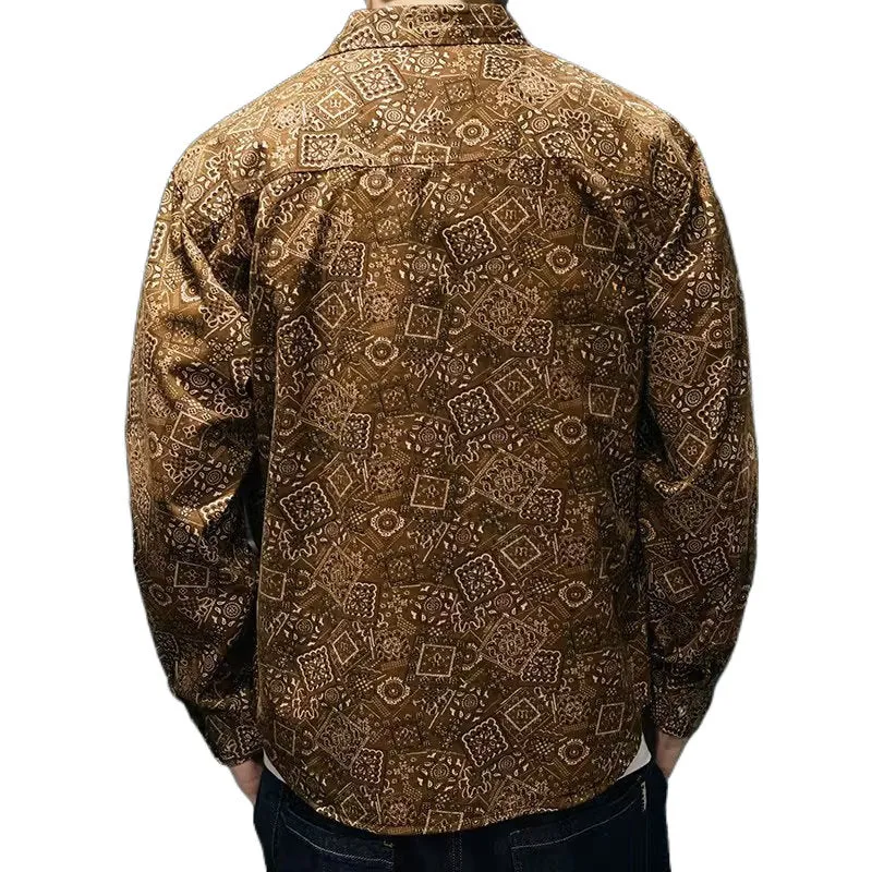 Men's casual denim print shirt in navy blue with long sleeves and lapel collar in polyester fabric