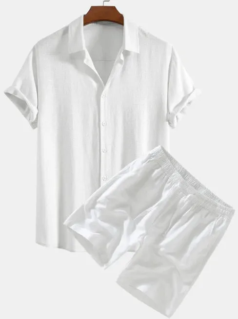Men's solid colour casual short-sleeved shirt and shorts suit set on a hanger.