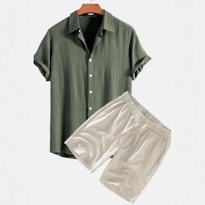 Men's solid colour casual short-sleeved shirt and shorts suit set on a hanger.