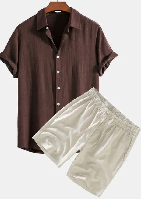 Men's solid colour casual short-sleeved shirt and shorts suit set on a hanger.