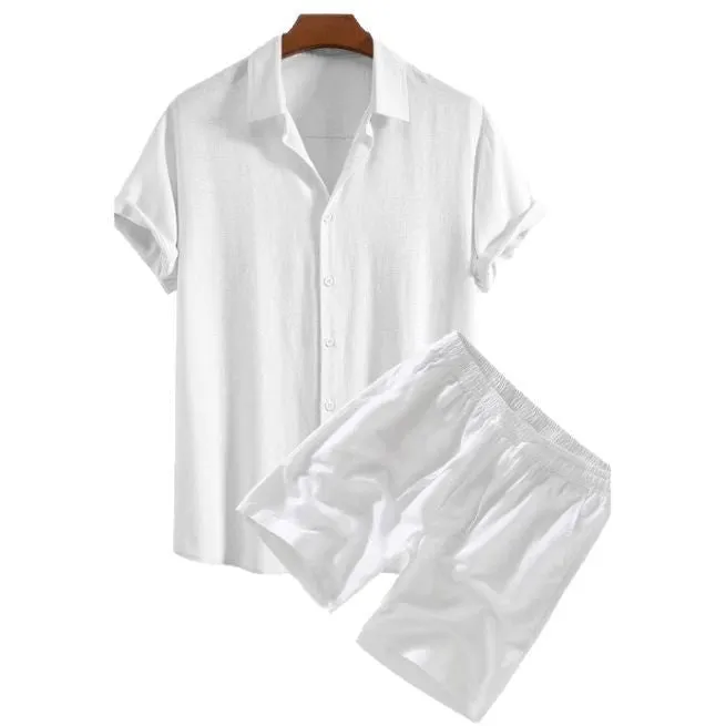 Men's solid colour casual short-sleeved shirt and shorts suit set on a hanger.