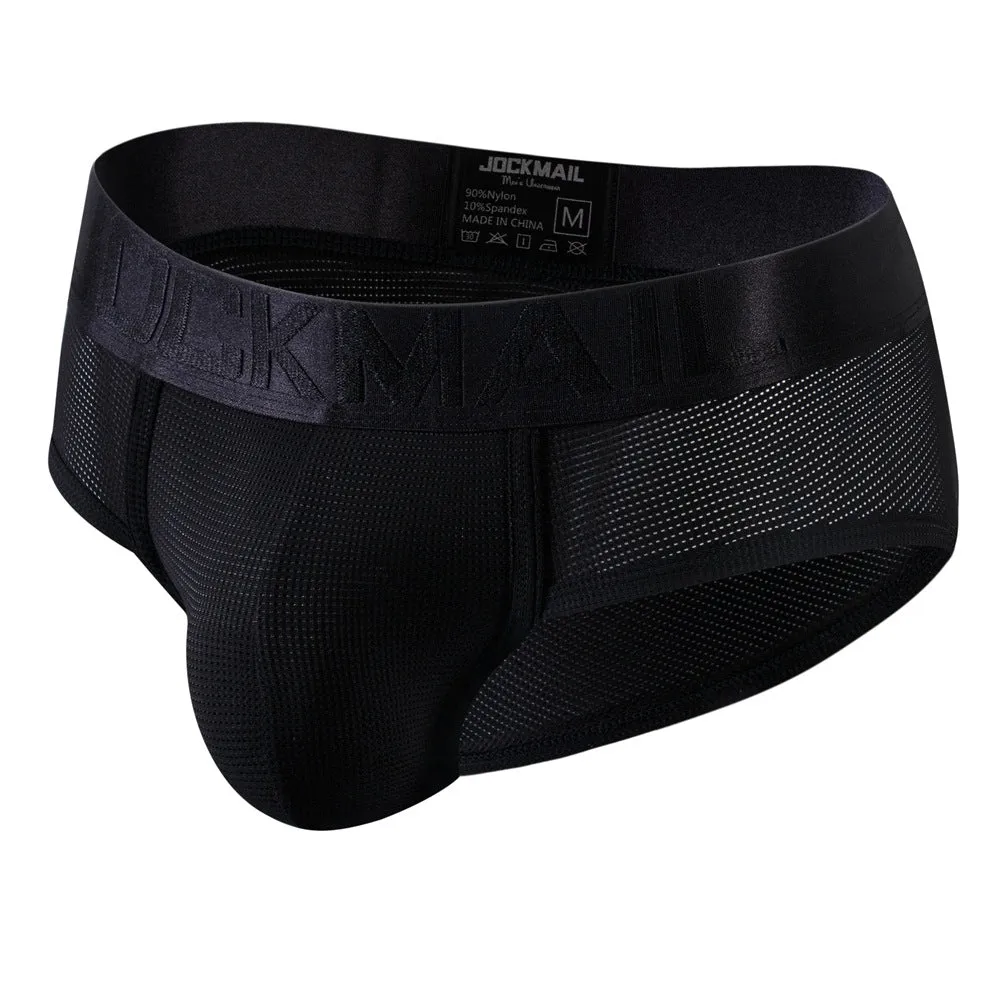 Men's triangle underwear mesh breathable nylon low waist briefs in solid colour black