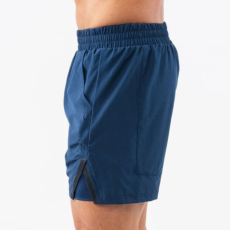 Men's plaid quick-drying sports shorts in polyester fabric shown in multiple colours.