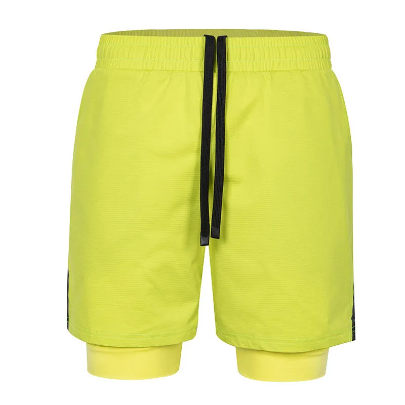 Men's plaid quick-drying sports shorts in polyester fabric shown in multiple colours.