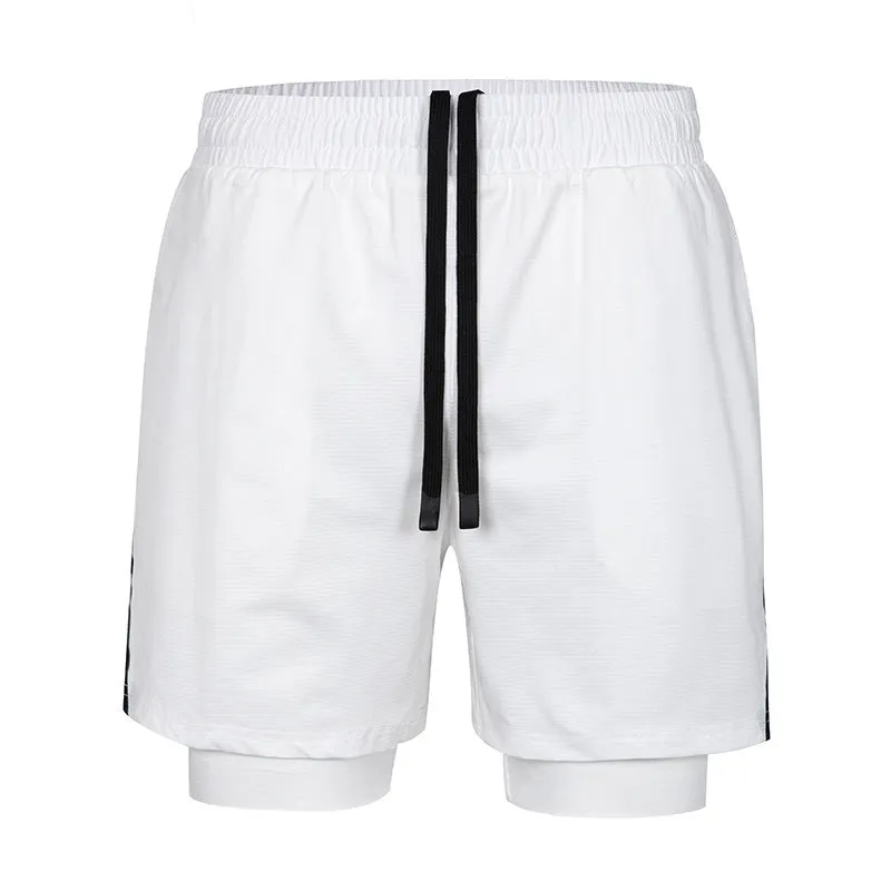 Men's plaid quick-drying sports shorts in polyester fabric shown in multiple colours.
