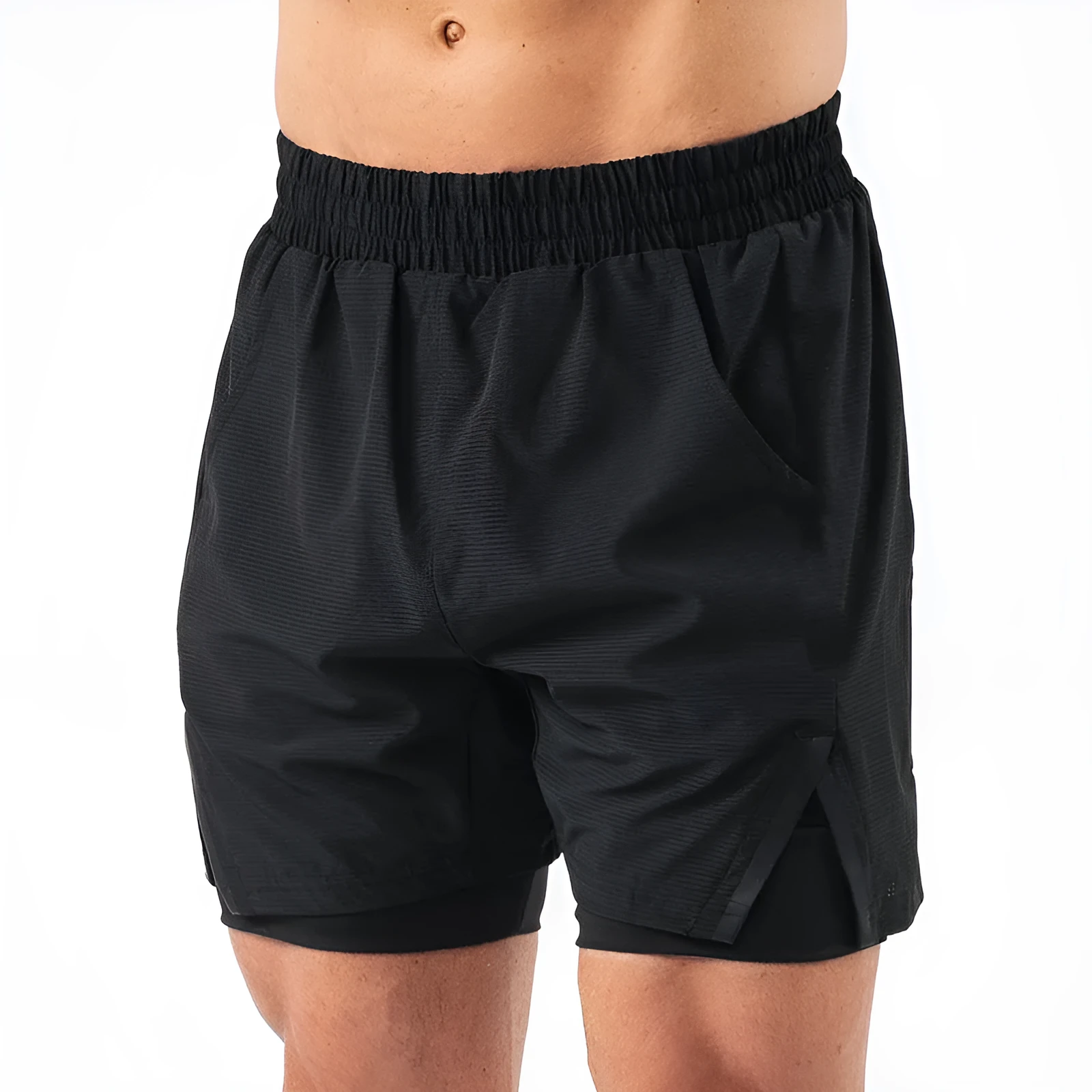 Men's plaid quick-drying sports shorts in polyester fabric shown in multiple colours.
