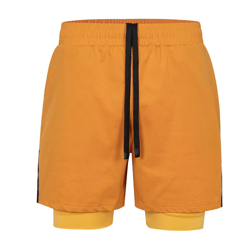 Men's plaid quick-drying sports shorts in polyester fabric shown in multiple colours.