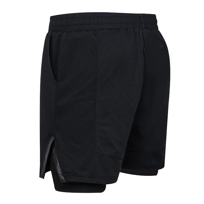 Men's plaid quick-drying sports shorts in polyester fabric shown in multiple colours.