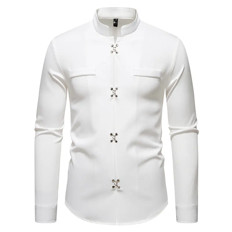 Men's long-sleeved polyester casual shirt in black, white, and khaki colours, slim fit, cardigan style