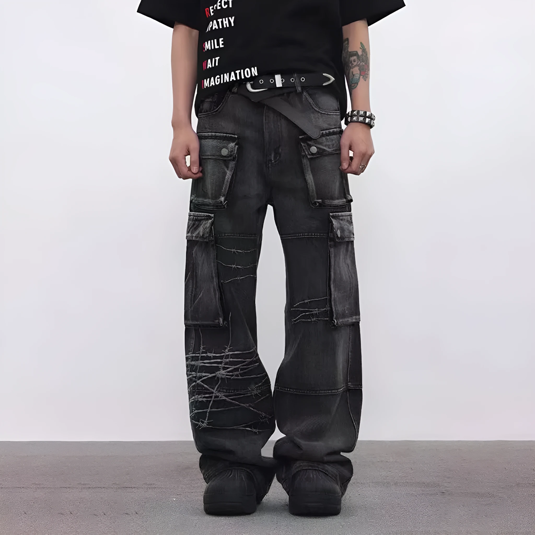 Men's black cotton loose-fitting wide-leg trousers with mid waist design