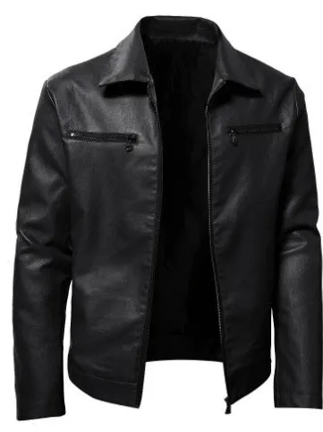 Winter business thermal zipper cardigan with decorative PU leather coat in black, front view