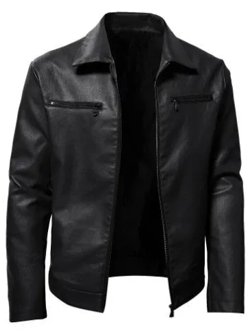 Winter business thermal zipper cardigan with decorative PU leather coat in black, front view