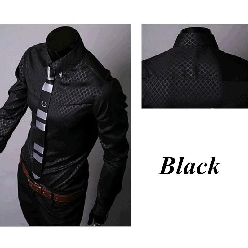 Men's fitted striped dress shirt with square collar and long sleeves in cotton blend broadcloth