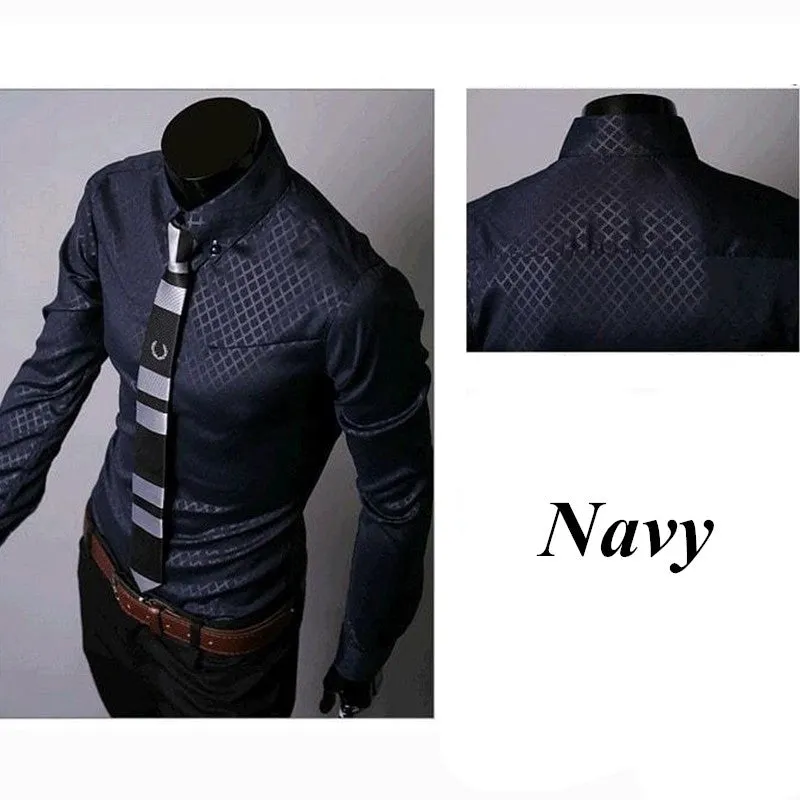 Men's fitted striped dress shirt with square collar and long sleeves in cotton blend broadcloth
