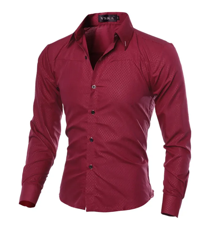 Men's fitted striped dress shirt with square collar and long sleeves in cotton blend broadcloth