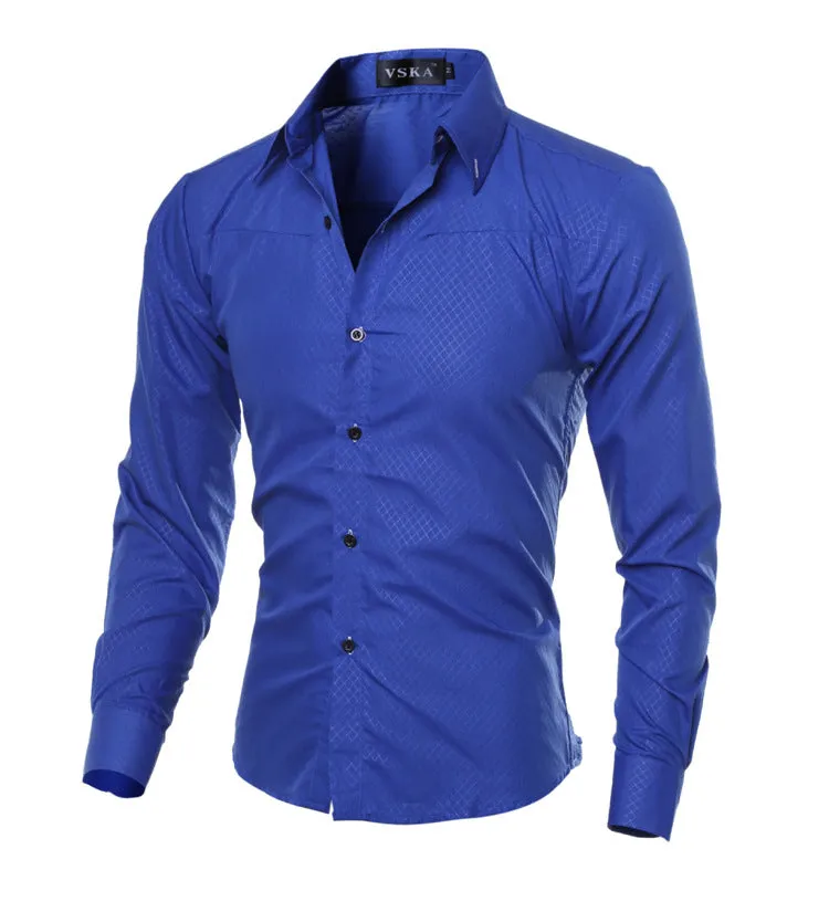 Men's fitted striped dress shirt with square collar and long sleeves in cotton blend broadcloth