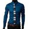 Men's fitted striped dress shirt with square collar and long sleeves in cotton blend broadcloth