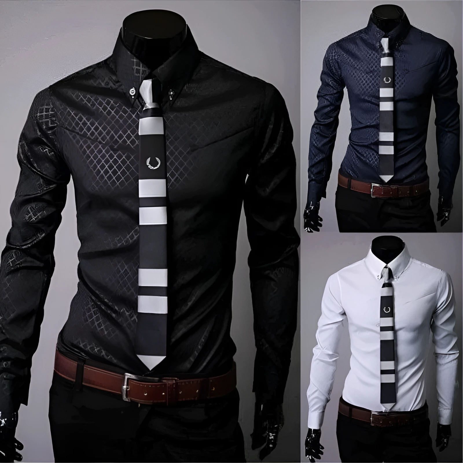 Men's fitted striped dress shirt with square collar and long sleeves in cotton blend broadcloth