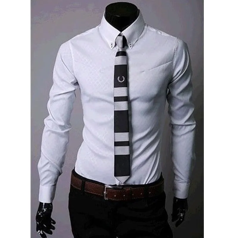 Men's fitted striped dress shirt with square collar and long sleeves in cotton blend broadcloth