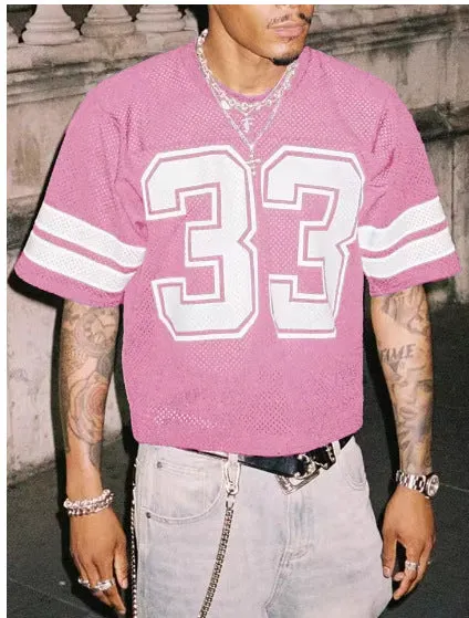 Men's mesh sports jersey in cartoon print with short sleeves and round neck in one of five colour options