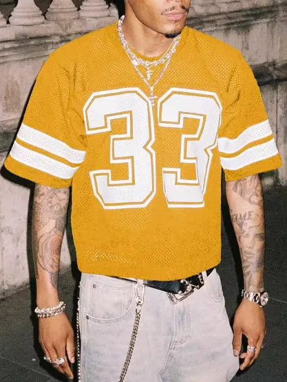 Men's mesh sports jersey in cartoon print with short sleeves and round neck in one of five colour options