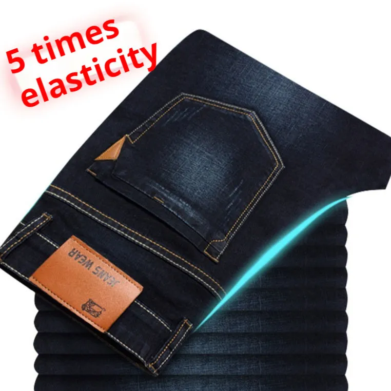 Men's autumn super-stretch loose straight jeans in light blue with high waist and zipper fly