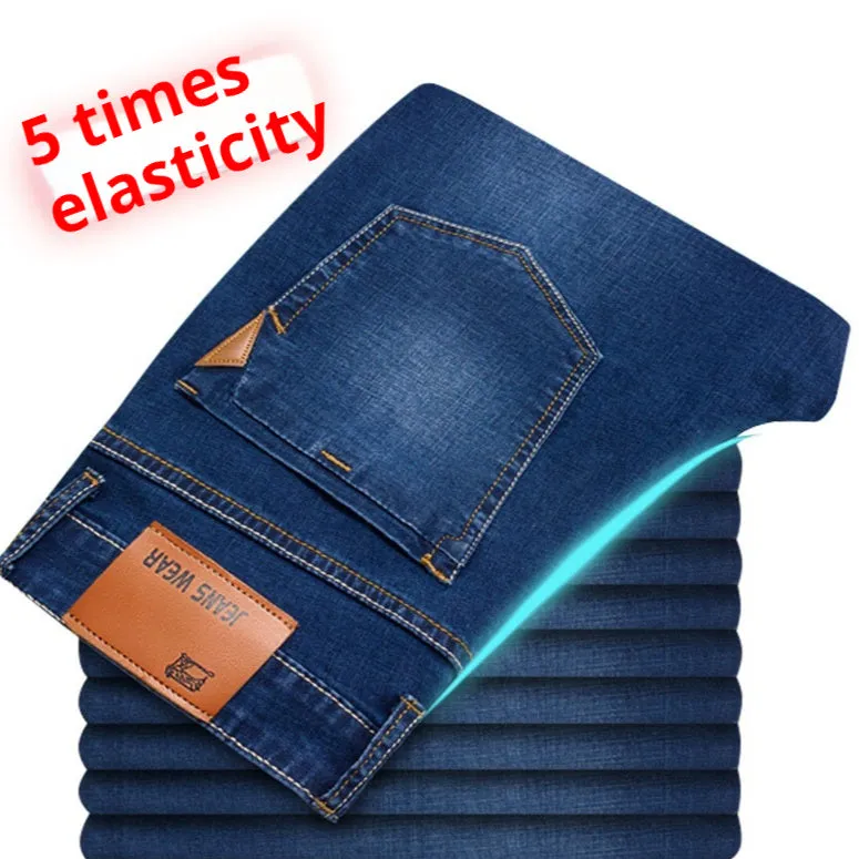 Men's autumn super-stretch loose straight jeans in light blue with high waist and zipper fly
