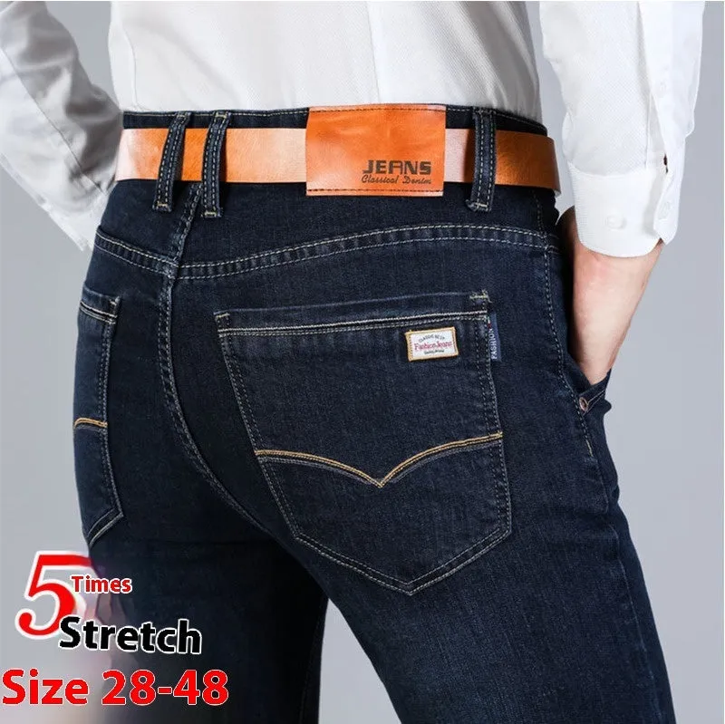 Men's autumn super-stretch loose straight jeans in light blue with high waist and zipper fly