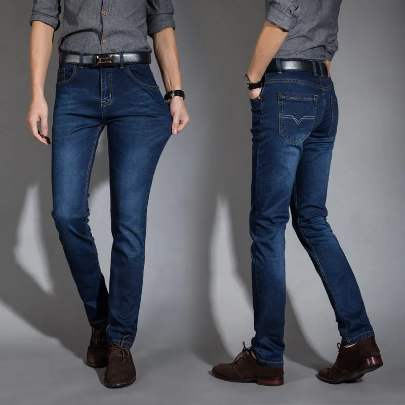 Men's autumn super-stretch loose straight jeans in light blue with high waist and zipper fly