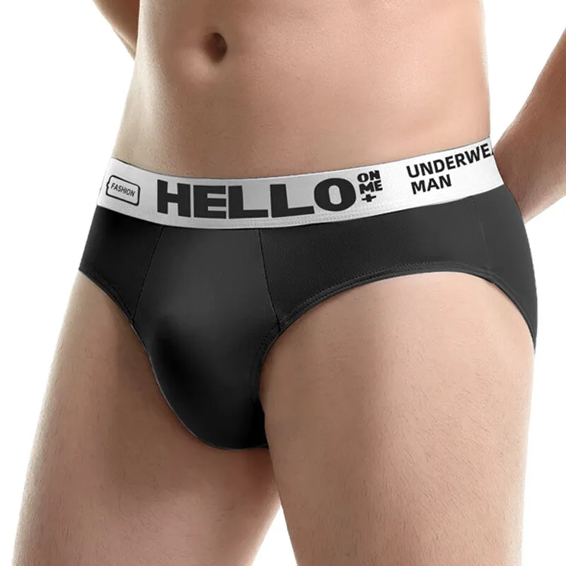 Men's printed letter ice silk underwear low waist briefs in polyester fibre, available in multiple colours