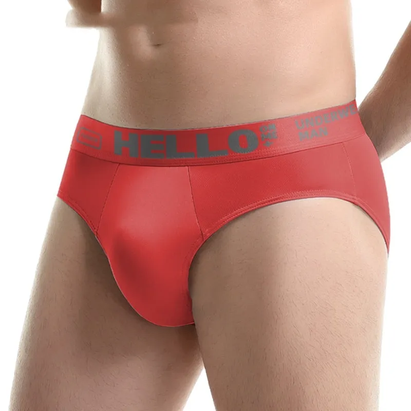 Men's printed letter ice silk underwear low waist briefs in polyester fibre, available in multiple colours