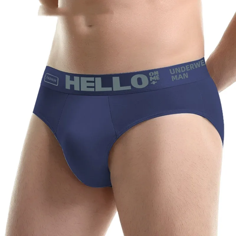 Men's printed letter ice silk underwear low waist briefs in polyester fibre, available in multiple colours
