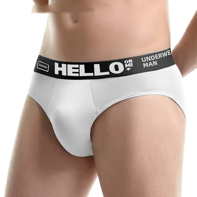 Men's printed letter ice silk underwear low waist briefs in polyester fibre, available in multiple colours