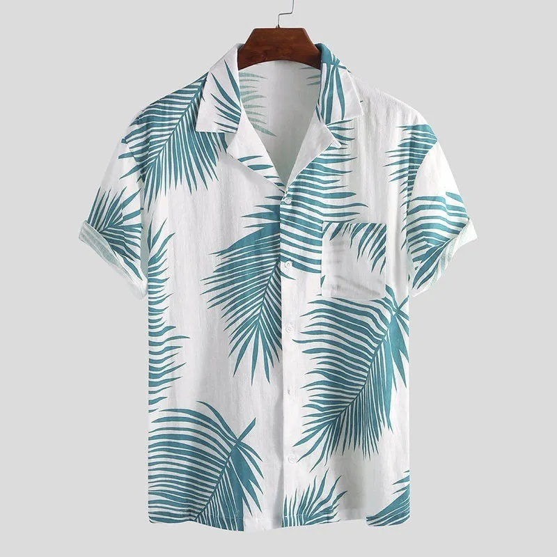 Men's Hawaiian floral short sleeve cardigan shirt in four-way elastic polyester fabric with lapel collar
