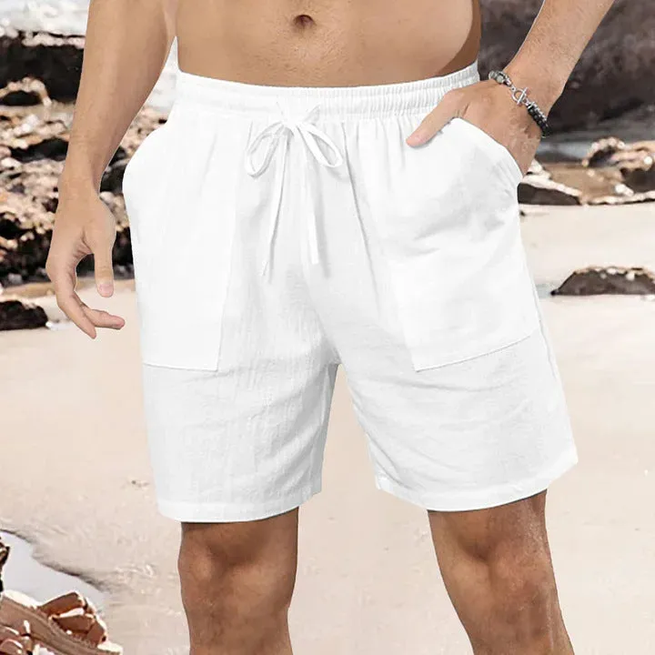 Men's light blue cotton linen straight-cut casual shorts on a hanger.