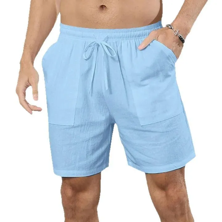 Men's light blue cotton linen straight-cut casual shorts on a hanger.