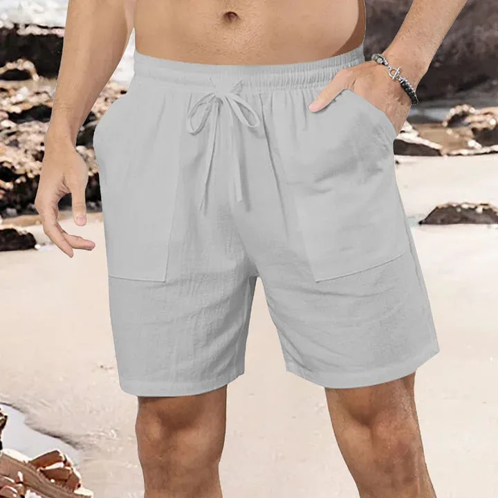 Men's light blue cotton linen straight-cut casual shorts on a hanger.