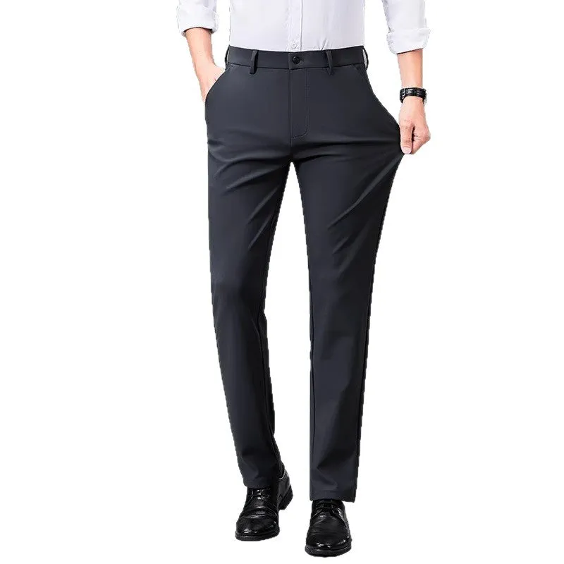 Summer ice silk thin non-ironing men's business casual pants in black, side view