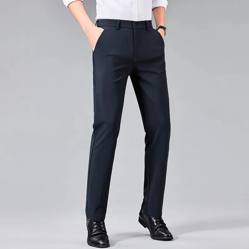 Summer ice silk thin non-ironing men's business casual pants in black, side view