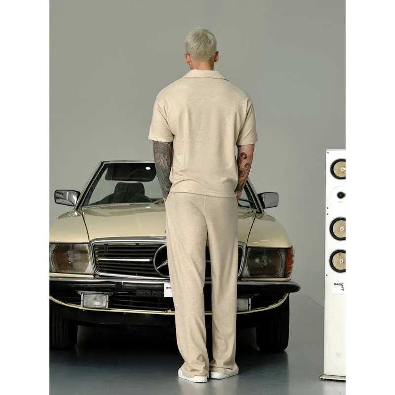 Beige cotton lapel short-sleeved T-shirt and trousers suit for men, casual summer wear